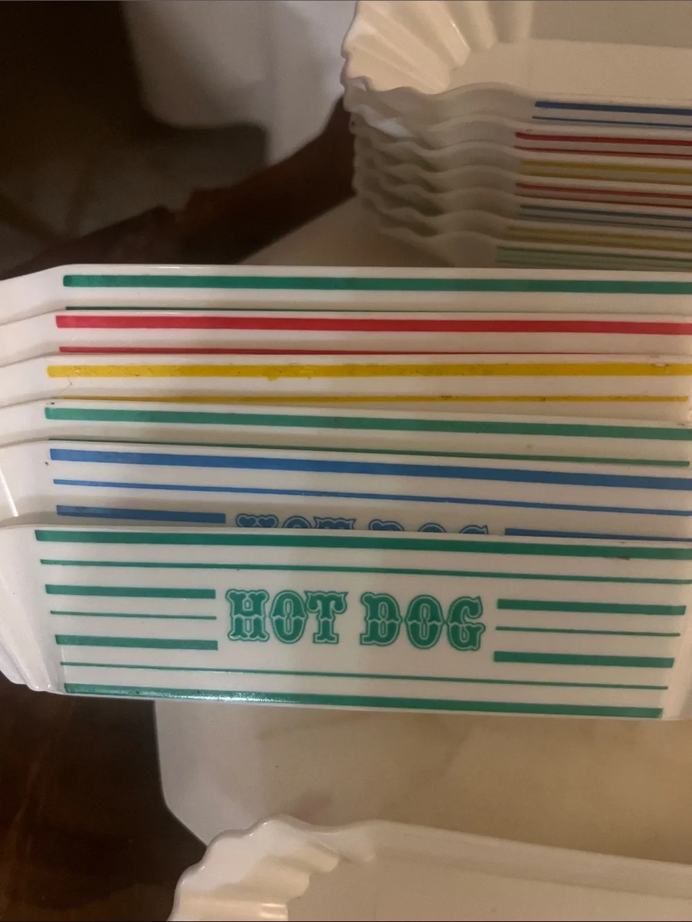 White Hot Dog Paper Trays with Multicolor Stripe Design